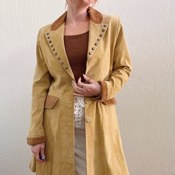 Vintage Suede Leather Military Style Trench Coat - Picture 6 of 10